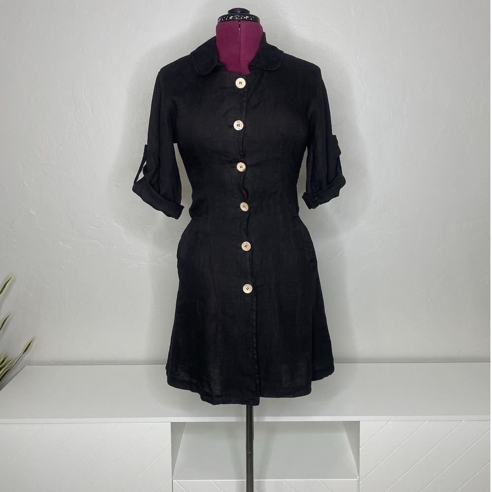 Oizini Shirt Dress Women's Large Black 100% Linen Button Front Made in Italy